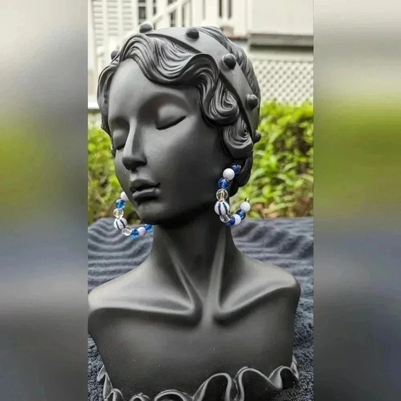 Francesca's Hoop Earrings Blue and White Color (New) - Picture 2 of 6